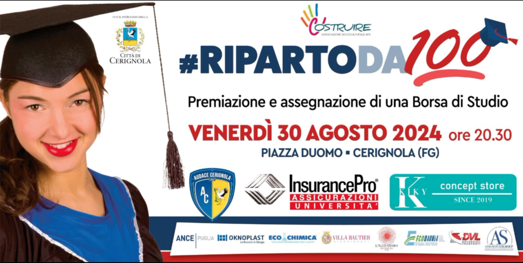 Giunge ad un lustro la manifestazione RIPARTODA100 che festeggerà i centisti dell’anno scolastico conclusosi. L’appuntamento è in Piazza Duomo, venerdì 30 agosto alle 20,30.